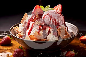 Fresh strawberry Bingsu ice cream with sweet toppings korean shaved ice dessert with black background Generative AI
