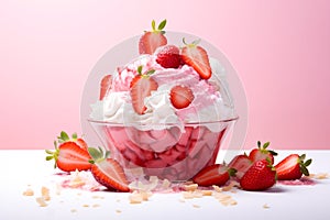 Fresh strawberry Bingsu ice cream with sweet toppings whipped cream korean shaved ice dessert with pink Generative AI