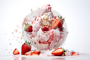Fresh strawberry Bingsu ice cream with sweet toppings whipped cream korean shaved ice dessert white background Generative AI