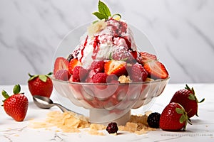 Fresh strawberry Bingsu ice cream with sweet toppings whipped cream and raspberry korean shaved ice dessert Generative AI