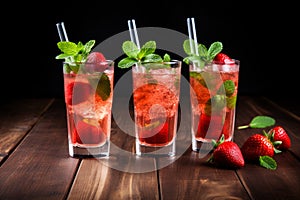 Fresh strawberry cocktail. Fresh summer cocktail with strawberry and ice cubes. Glass of strawberry soda drink on dark background