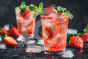 Fresh strawberry cocktail. Fresh summer cocktail with strawberry and ice cubes. Glass of strawberry soda drink on dark background