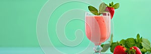 Fresh strawberry cocktail in glass with mint on green background in color lime green. Empty space. Generative Ai content