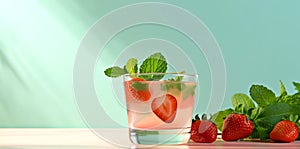 Fresh strawberry cocktail in glass with mint on green background in color lime green. Empty space. Generative Ai content