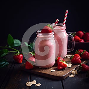 Fresh strawberry cocktail, Strawberry fresh juice in a glass jar with a straw . AI generated.