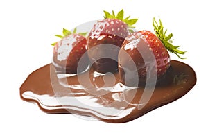 Fresh strawberry fruits in chocolate on white. A chocolate dipped ripe strawberry with green leaves isolated on white background.