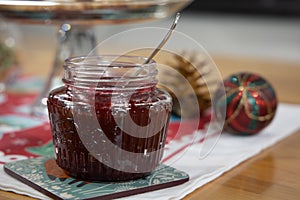 Fresh strawberry jam in glass bottle