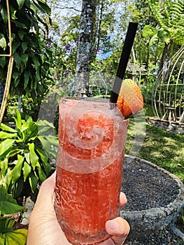 Fresh Strawberry Juice With Garden View