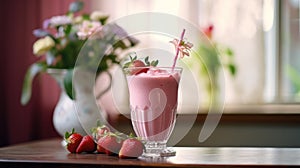 Fresh Strawberry Milkshake on Rustic Table