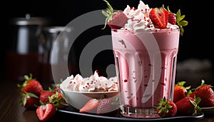 Fresh strawberry milkshake with whipped cream, a sweet summer indulgence generated by AI