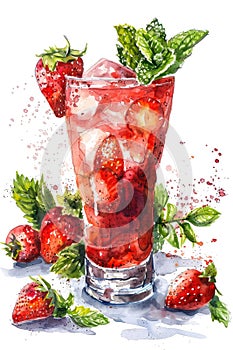 Fresh Strawberry Mint Cocktail Watercolor Illustration
