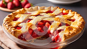 Fresh Strawberry Pie on Wooden Table