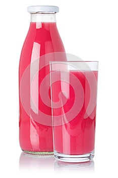 Fresh strawberry smoothie fruit juice drink in a bottle and glass isolated on white