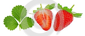 Fresh strawberry with strawberry leaves isolated on white background, clipping path