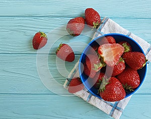 Fresh strawberry sweet dish delicious dessert health towel on a blue wooden background