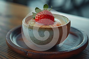 Fresh strawberry topping on a creamy dessert in a ceramic bowl