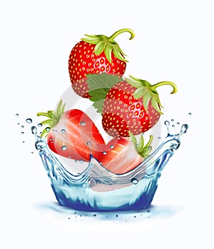 Fresh strawberry in water splash. 3D fresh berries falling into the water.