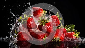 Fresh strawberry with water splashes on dark background. Generative AI