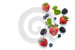 Fresh strawberry in white spoon, healthy, blackberry, mint, Blue