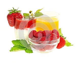 Fresh strawberry yogurt and orange juice