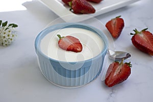 Fresh strawberry yogurt snack creamy  a light background rustic