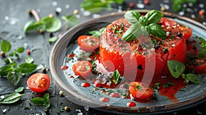 Fresh stuffed tomato on plate with herbs and spices