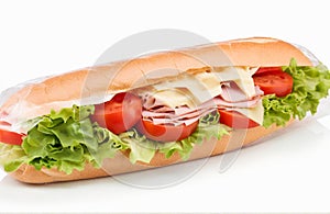Fresh sub sandwich with ham, cheese, lettuce and tomato, cut out on white background