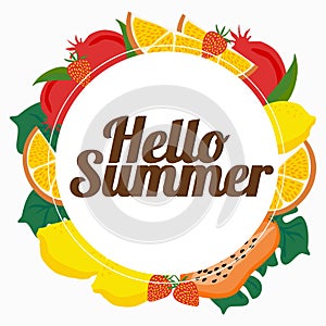 Fresh summer background with tropical fruits and round frame for the text