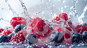 Fresh summer berries and water splash close up. Strawberry, blackberry, black currant, raspberry