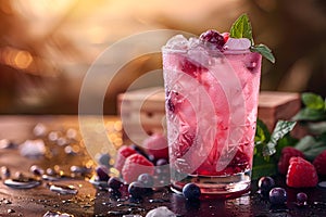 Fresh summer drinks cocktails with berries, fruits, ice and frost on glasses. Vacation open beach bar concept.