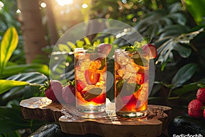 Fresh summer drinks cocktails with berries, fruits, ice and frost on glasses. Vacation open beach bar concept.