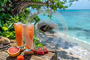 Fresh summer drinks cocktails with berries, fruits, ice and frost on glasses. Vacation open beach bar concept.