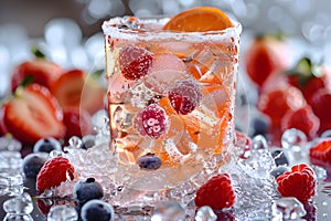 Fresh summer drinks cocktails with berries, fruits, ice and frost on glasses. Vacation open beach bar concept.