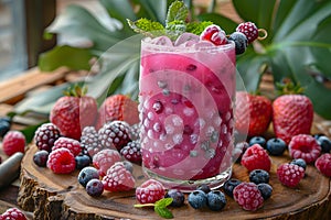 Fresh summer drinks cocktails with berries, fruits, ice and frost on glasses. Vacation open beach bar concept.