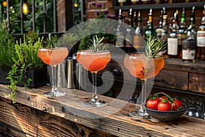 Fresh summer drinks cocktails with berries, fruits, ice and frost on glasses. Vacation open beach bar concept.