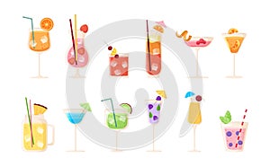 Fresh summer drinks, lemonade juice and cocktail. Party beverages menu cartoon icons. Pool or beach bar, fresh drinking