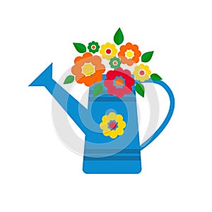 Fresh summer flowers in blue watering can. Vector flat trenrd spring illustration.