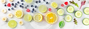 Fresh summer food panorama. Fruit and vegetable banner, shot from the top