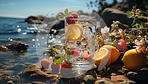 Fresh summer fruit cocktail on wooden table, a refreshing delight generated by AI