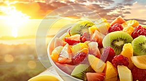 Fresh Summer Fruit Salad Bowl at Sunrise