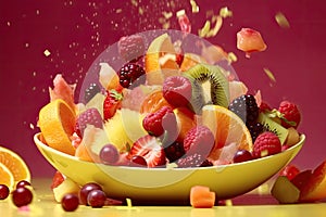 Fresh summer fruit salad and summer colors backgrounds with ripe and juicy raspberries, strawberries, and grapes. Ai generative