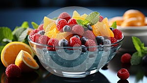 Fresh summer fruit salad on wooden table, healthy and delicious generated by AI