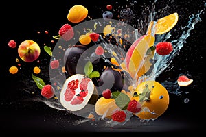 fresh summer fruits explosion in the motion of flying and splashing on the black background