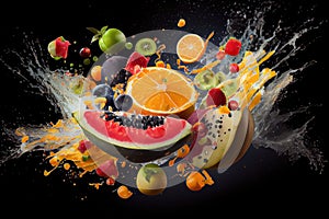 fresh summer fruits explosion in the motion of flying and splashing on the black background