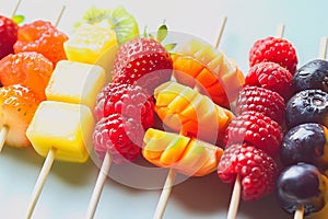 Fresh summer fruits on sticks. Studio shot.