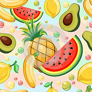 Fresh Summer Fruits Vector Seamless Repeat Textile Pattern on Pastel Colors Background