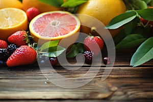 Fresh summer fruits on a wooden background