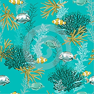 Fresh summer Hand drawn nautical sea treasure animal and coral seamless pattern prints vector design for fashion,fabric,web