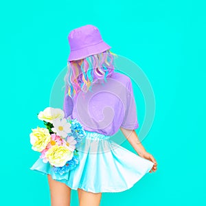 Fresh Summer Lady look. Vanilla flowers Girl  Candy colors design trends