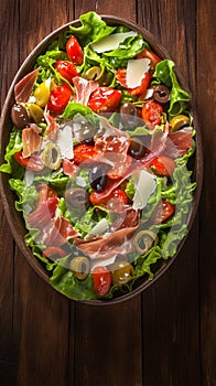 Fresh summer medley Lettuce, olives, tomatoes, parmesan, and prosciutto salad